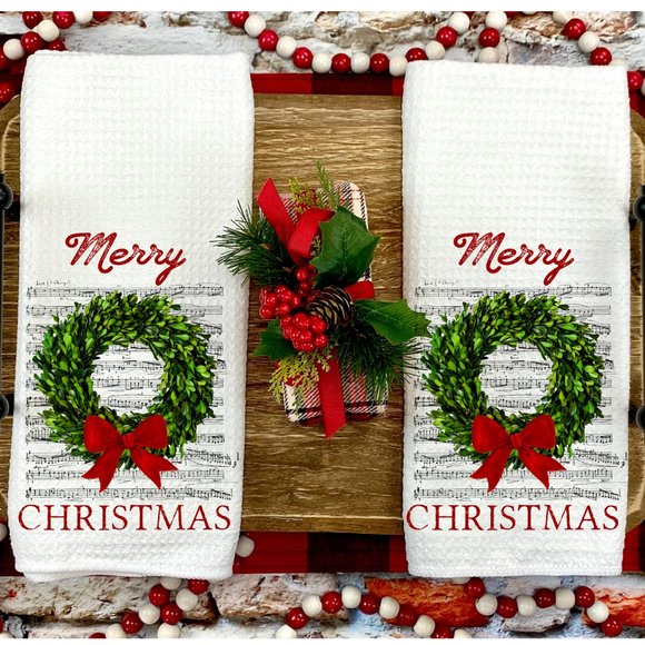 Christmas Tea Towels, Set of 2, Merry Christmas, Kitchen and Bathroom, Holiday - Picture 1 of 3